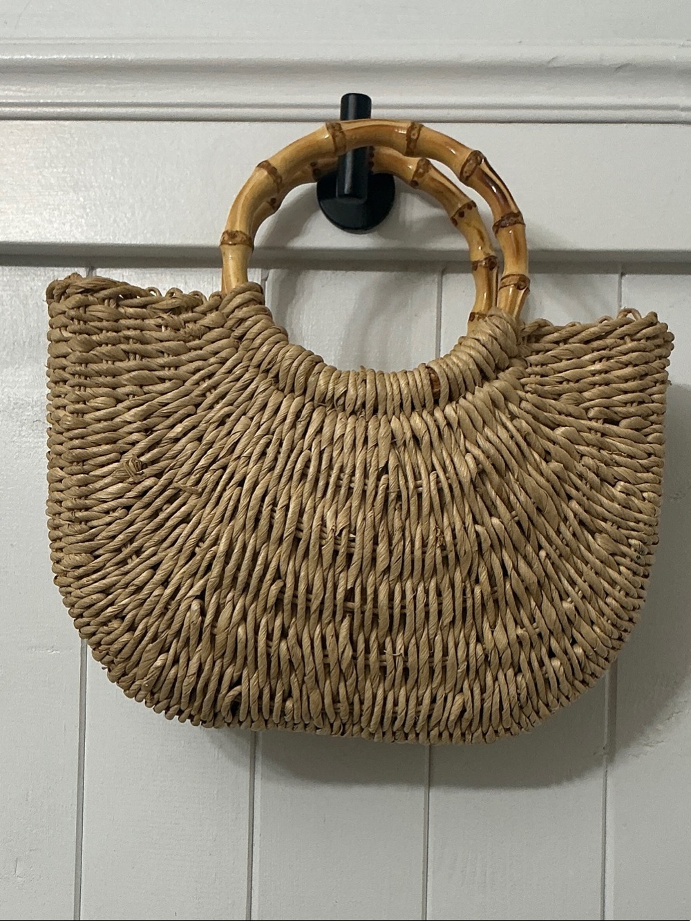 Woven Straw Bamboo Handle Tote - Natural